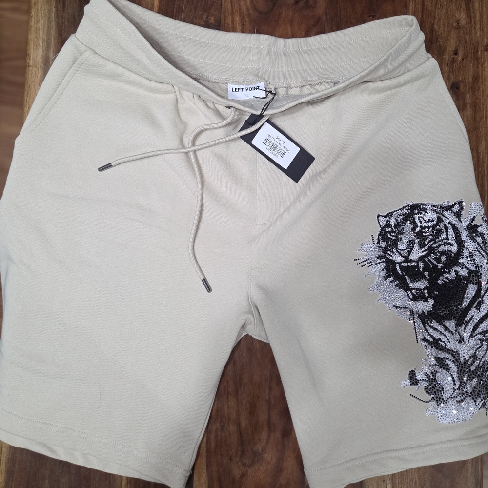 Left Points Cream Shorts with Rhinestone Tiger Design